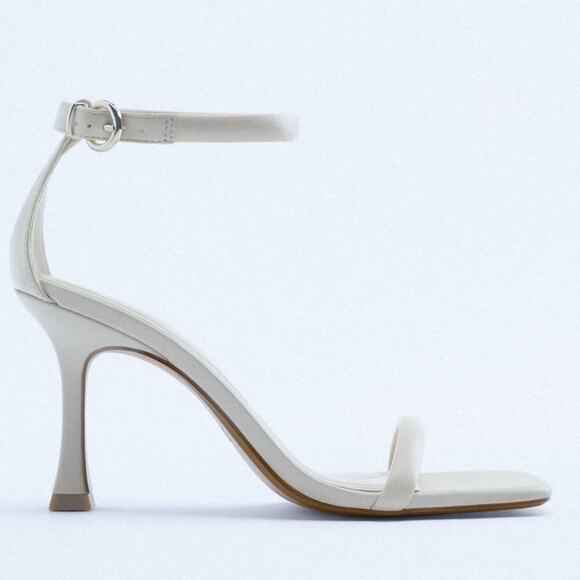 Zara White Cream Leather Ankle Heel Buckle Square Toe Heels Sandals 42 Straps 11 - Picture 1 of 14